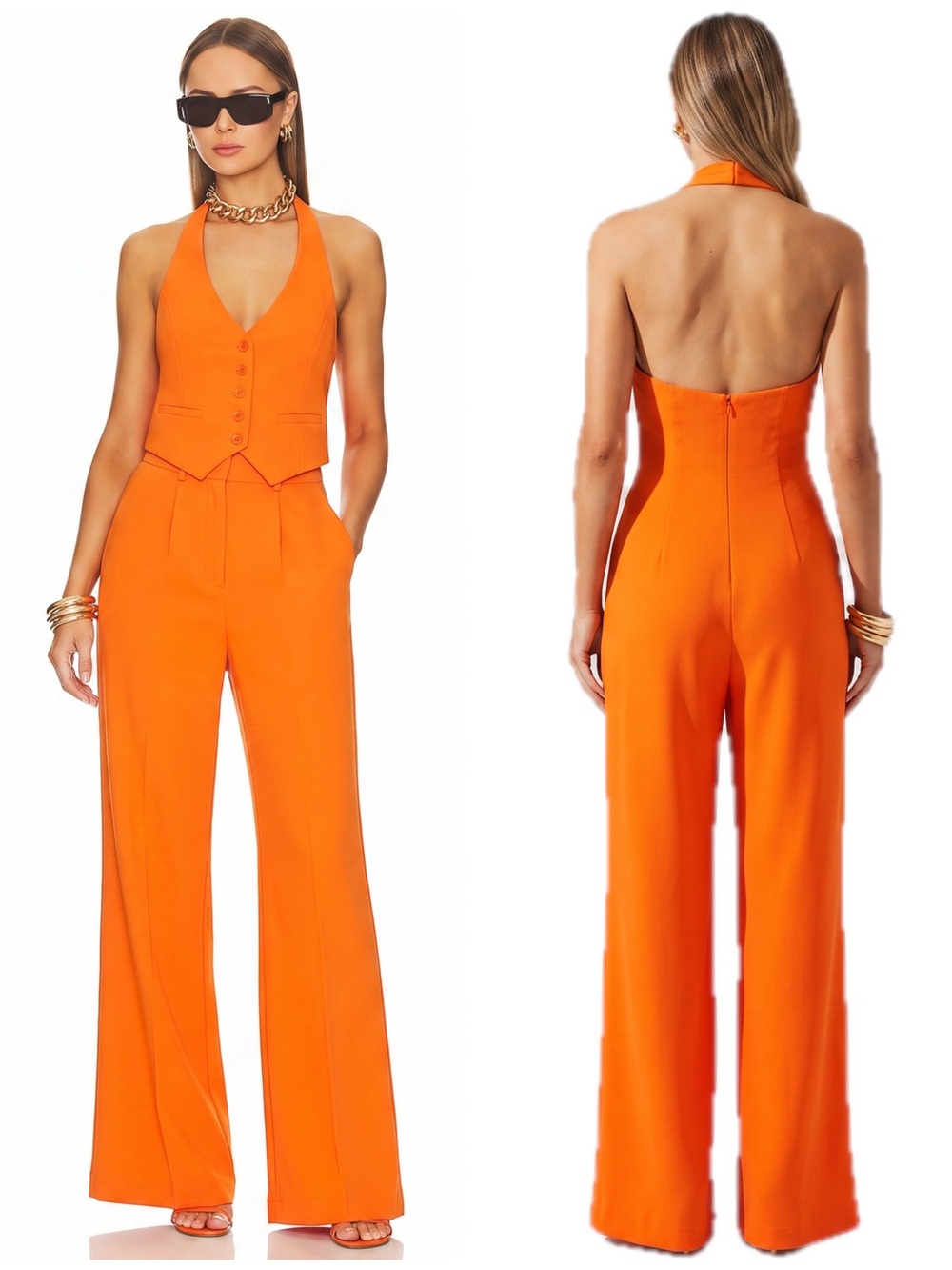 Amanda Uprichard Isadore Mandarin Orange Halter Vest Wide-Leg Jumpsuit NWT $277